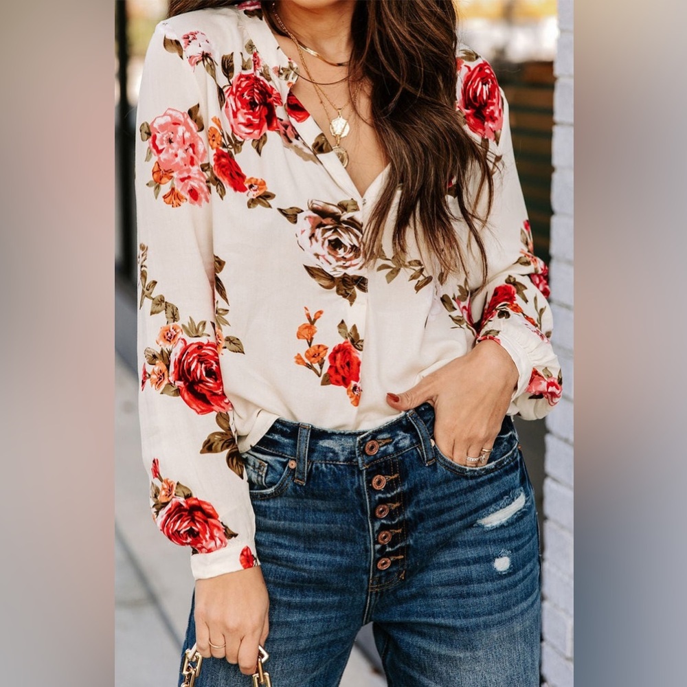Floral Print V Neck Button Blouse